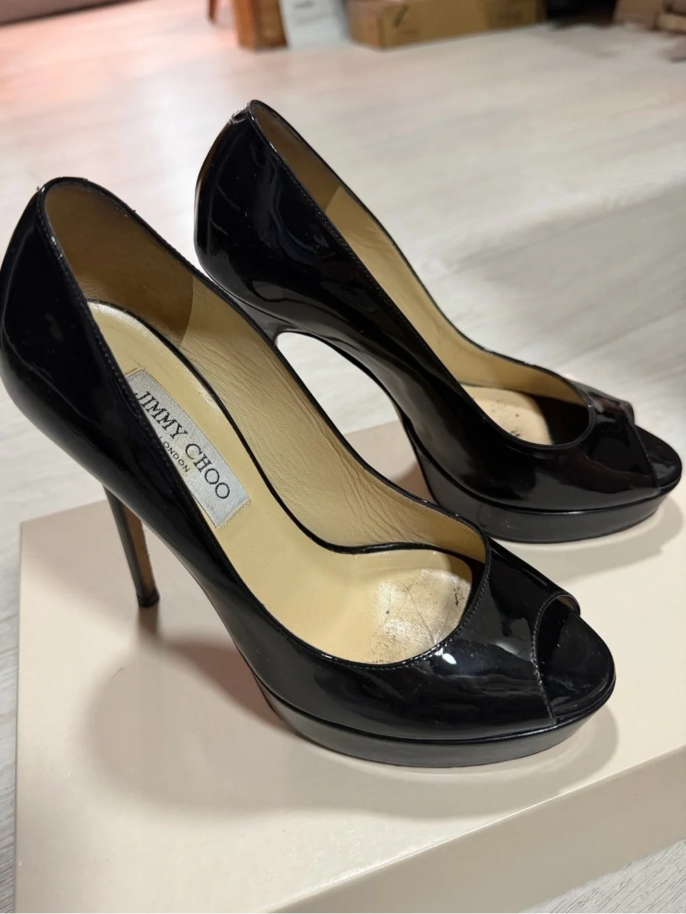 Jimmy Choo Black Patent Leather Peep-Toe Pumps